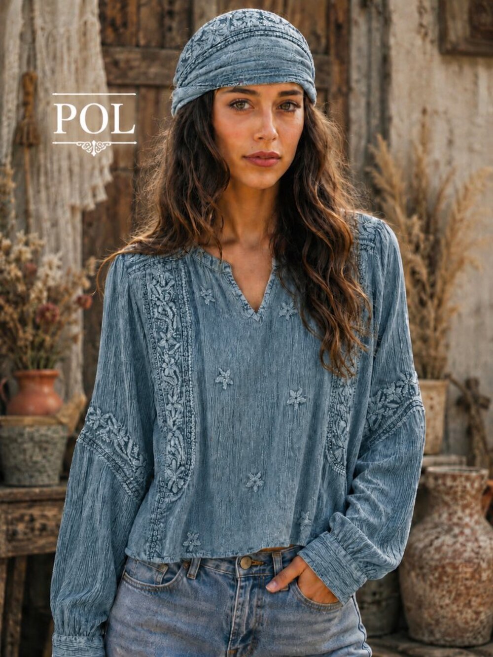 POL Blue Embroidered Boho Flowy Blouse Balloon Sleeve Peasant Blouse Top